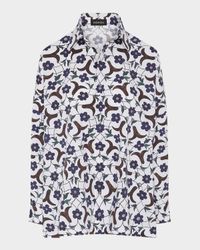 Cotton Buds Flowers Tile-Print Wide Longer-Back Shirt With Collar (Mid Plus Length)