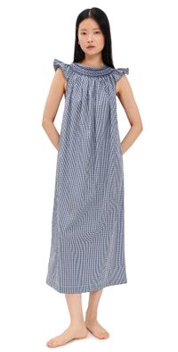 Folkloore Malagasy Smocked Nightdress Blue Vichy w/ White Embroidery One Size