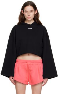 MSGM Black Embroidered Cropped Hoodie