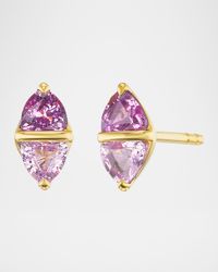 Diamond Stud Earrings in 18K Yellow Gold and Pink Sapphires