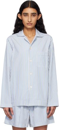Tekla Off-White & Blue Poplin Long-Sleeved Pyjama Shirt