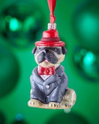 Pug Fawn in Red Fedora and Gray Suit Christmas Ornament