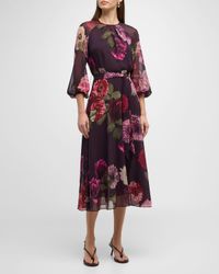 Belted Floral-Print Blouson-Sleeve Midi Dress