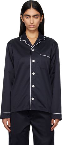 Tekla Navy Sateen Long-Sleeved Pyjama Shirt