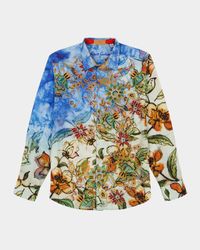 Men's Flax and Cotton Floral Embroidered Sport Shirt