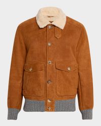 Men's Suede Shearling-Collar Bomber Jacket