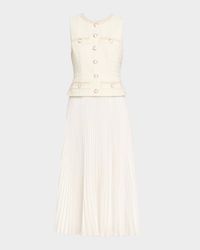 Pleated Boucle Mixed Media Midi Dress