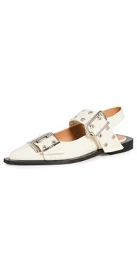 GANNI Wide Welt Buckle Ballerina Flats Naplack Egret 40
