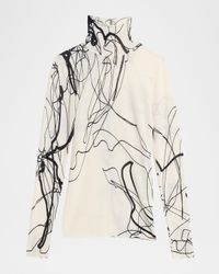 Scribble-Print Turtleneck Wool Sweater