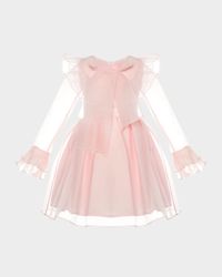 Girl's Organza-Sleeve Dress with Bow, SIze 3T-12