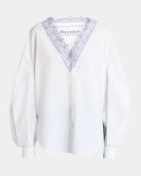 Lace Trim V-Neck Cotton Blouse