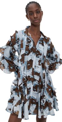 TRUTH Ruffle Tie Neck Dress Blue Dahlia Print XS