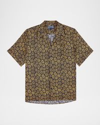 Men's Linen Flower-Print Camp Shirt