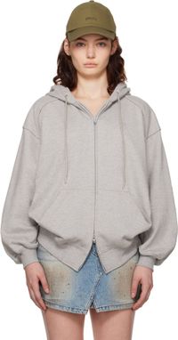 Juun.J Gray Lettering Zip-Up Hoodie