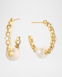 14K Yellow Gold Diamond and 8mm Freshwater Pearl Hoop Earrings
