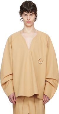JW Anderson Beige Oversized V-Neck Gathered Sleeve Sweater