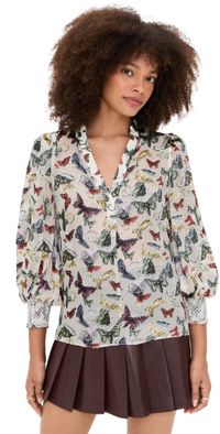 alice + olivia Sheila Blouson Sleeve Smocked Cuff Henley Top Spread Your Wings S