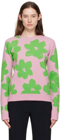 Jil Sander Pull rose et vert à motif fleuri en tricot jacquard
