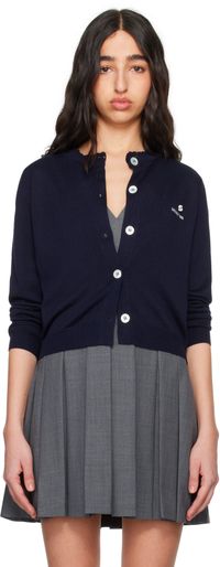 SHUSHU/TONG Navy Logo-Stitch Knit Cardigan