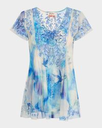 Lisette Embroidered Bird-Print Mesh Blouse