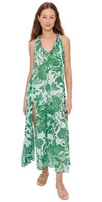 Poupette St Barth Nava Sari Gauze Long Dress White Green Macro Stelis L