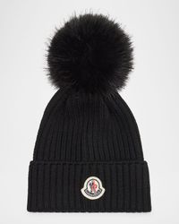 Kid's Ribbed Wool Beanie with Faux Fur Pom, Size S-L
