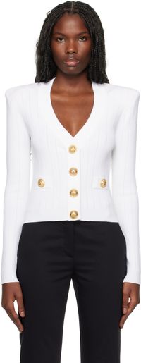 Balmain White Cropped Knit Cardigan