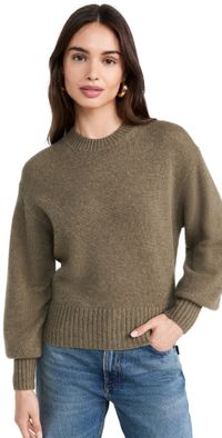 White + Warren Cashmere Featherweight Blouson Sleeve Crew Loden L