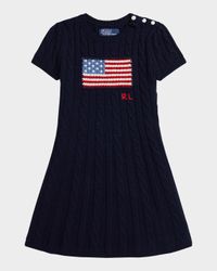 Girl's American Flag Cashmere Cable Knit Dress, Size 2-6X