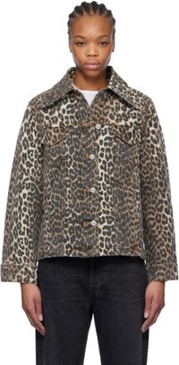 GANNI Brown Leopard Printed Denim Jacket