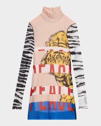Printed Mesh Turtleneck Mini Dress