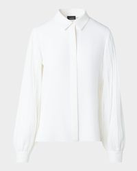 Silk Crepe Pleated-Sleeve Blouse