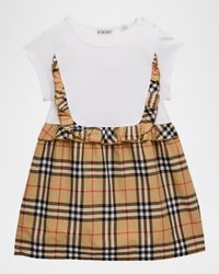Girl's Check-Trim Stretch Cotton Dress, Size 4-14