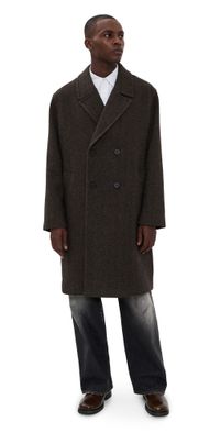 Wax London Magnus Double Breasted Overcoat Wool Herringbone/Brown M