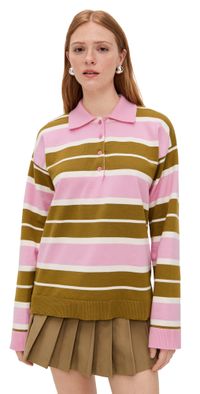 English Factory Striped Polo Knit Shirt Pistachio/Pink XL