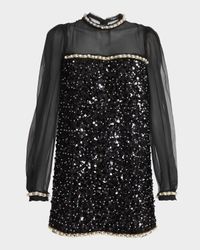 Pearly Chain Long-Sleeve Sequined Mini Dress