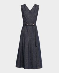 V-Neck Sleeveless Denim Belted Midi Dress