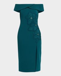 Off-Shoulder Applique Crepe Midi Dress