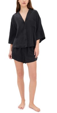 Lunya Washable Silk Button Up Short Set Black S