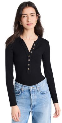 Ambitionist Button Up Ribbed Henley Thong Bodysuit Black S