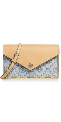 Tory Burch T Monogram Denim Envelope Chain Wallet Powder Blue One Size