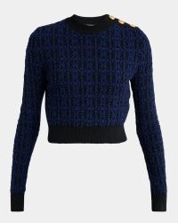 Button-Shoulder Boucle Knit Crop Sweater