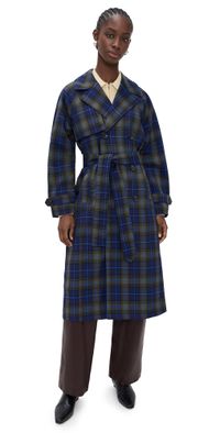 Avec Les Filles Double Breasted Trench with Quilted Bib Navy Plaid S