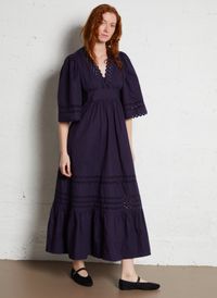 Antik Batik - Robe longue à dentelle en coton - Taille L - Bleu