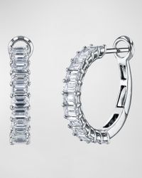 18K Gold Emerald-Cut Diamond Halfway Huggie Hoop Earrings, 7tcw/0.75"L