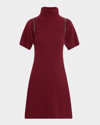 Mock-Neck Monili Short-Sleeve Cashmere Rib Mini Dress