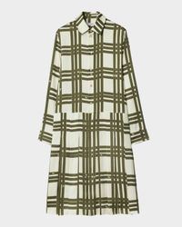 Check Silk Long-Sleeve Pleated Shirtdress