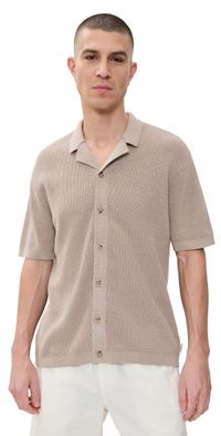 Onia Cotton Linen Knit Camp Shirt Tan M
