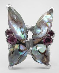 Faceted Abalone and Rhodolite Garnet Butterfly Ring in Sterling Silver