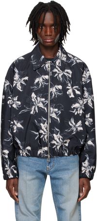 System Navy Flower Printed Bomber Jacket
